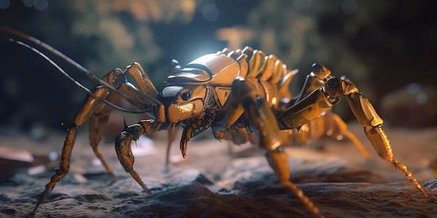 Amazing macro photography of a cyborg scorpion in the nature futuristic robot implants