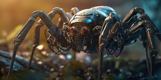 Amazing macro photography of a cyborg spider in the nature futuristic robot implants