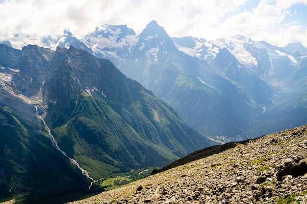 Amazing mountain landscape in summertime Mighty mountains in cloudy weather