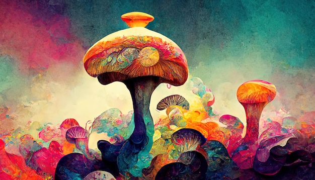 Amazing Mushrooms colorful psychedelic Digital Illustration Painting Artwork Scenery Backgrounds Generative Ai