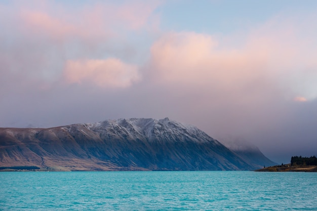 Amazing natural landscapes in New Zealand. Mountains lake at sunset.