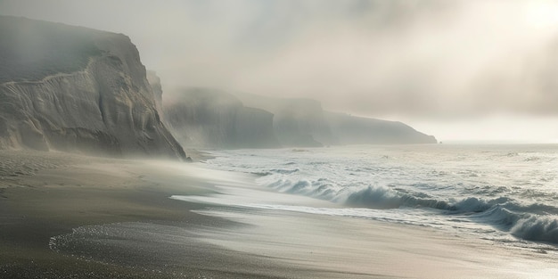 Amazing ocean coast in white fog A calm and mysterious landscape Space to copy Generative AI