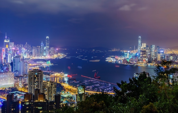 Amazing panoramic view of Hong Kong city skyline before sunset.