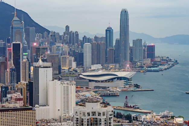 Amazing panoramic view of Hong Kong city skyline before sunset. 