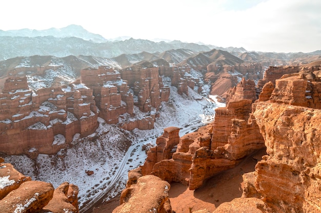 Amazing panoramic view of winter Charyn Canyon in Charyn National Park Kazakhstan