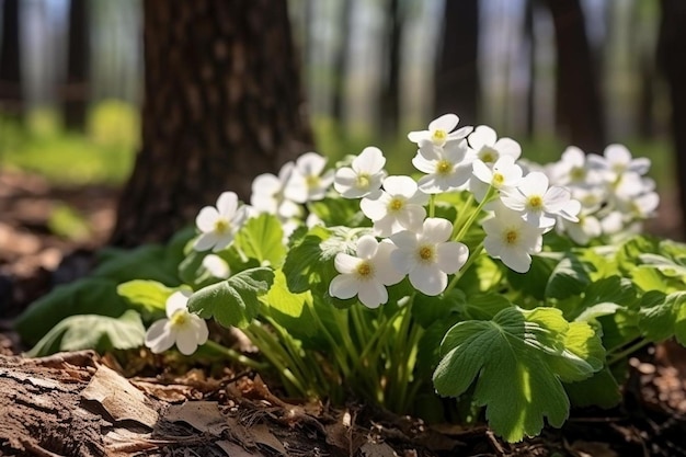 Amazing perfect spring forest white flowers primroses on a beautiful day