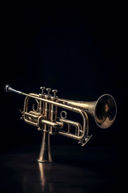 Amazing photography of a trumpet instrument in dark room AI Generated