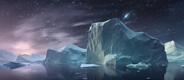 Amazing portrait of icebergs in the Atlantic Ocean at night