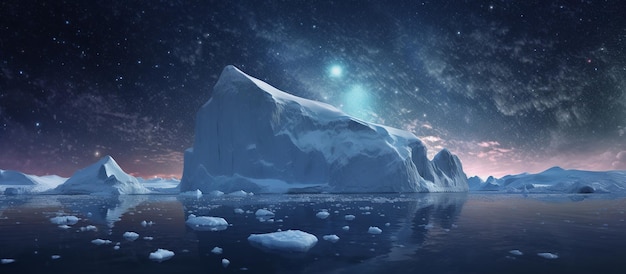 Amazing portrait of icebergs in the Atlantic Ocean at night