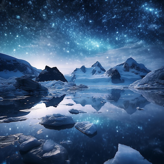 Amazing portrait of icebergs in the Atlantic Ocean at night