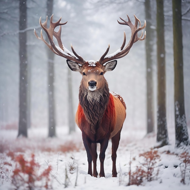 Amazing red deer stag in snow covered Winter forest Ai Generated