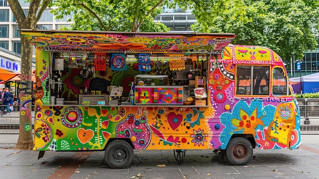 Amazing A red food truck with a yellow and red food truck on the side