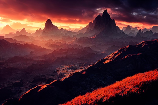 Amazing scene with mountains Sunrise from the top of the mountain Beautiful landscape in the mountains at sunrise