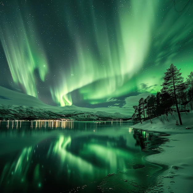 Amazing scenery of green aurora borealis shining in night sky over snowy mountain and sea night