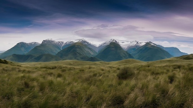 Amazing shot of a beautiful grassland with majestic mountains on the surface