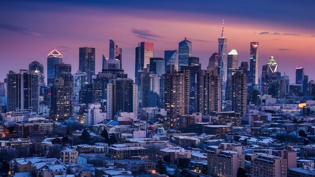 Amazing shot of the high modern skyscrapers of the city skyline at night