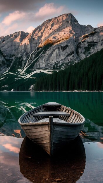 Amazing shot of an old wooden boat on a reflective lake