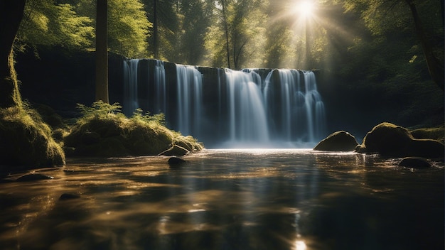 A Amazing shot of a small waterfall surrounded by beautiful nature