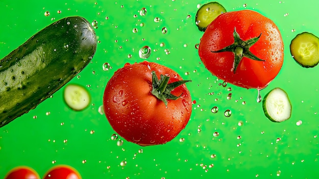 Photo an amazing shot of tomato and cucumber in mid air saturated light green background food photography dawn