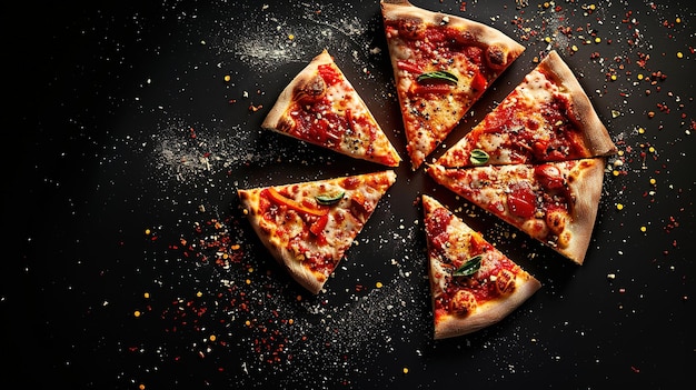 Amazing Slices of pizza with spices on black background