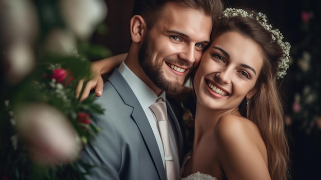 Amazing smiling wedding couple Pretty bride and stylish groom