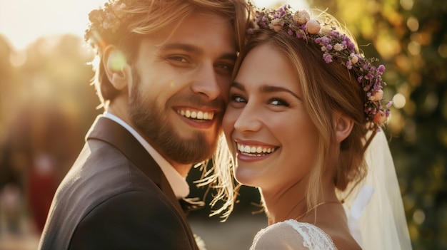 Amazing smiling wedding couple Pretty bride and stylish groom