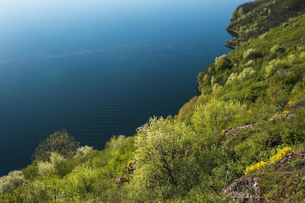 Amazing spring sunset view on the Dnister River Canyon Bakota Bay Khmelnytsky region Ukraine