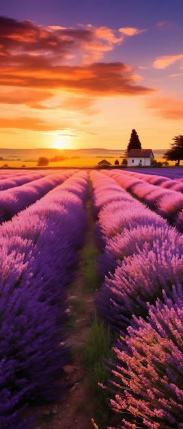 Amazing summer landscape of blooming lavender flowers peaceful sunset view