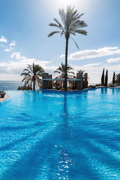 Amazing summer vacation with pool palm trees and ocean on a sunny warm day in Madeira Portugal Palm tree shadow on azure water