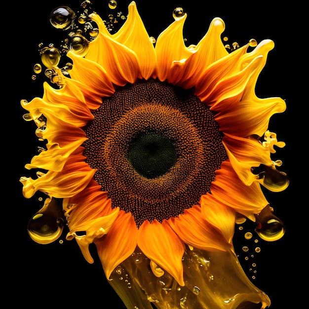 Amazing Sunflower with water splash and drops generative ai