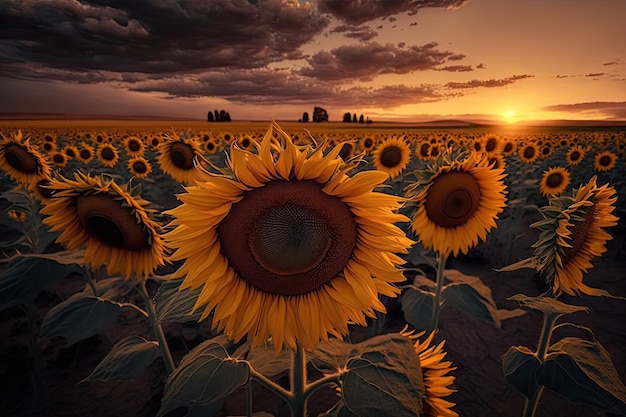 Amazing sunset over a beautiful landscape of big sunflowers Generative AI