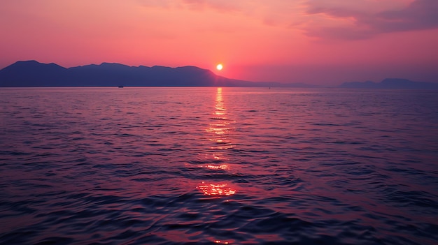 Amazing sunset over calm sea Pink sky and purple water