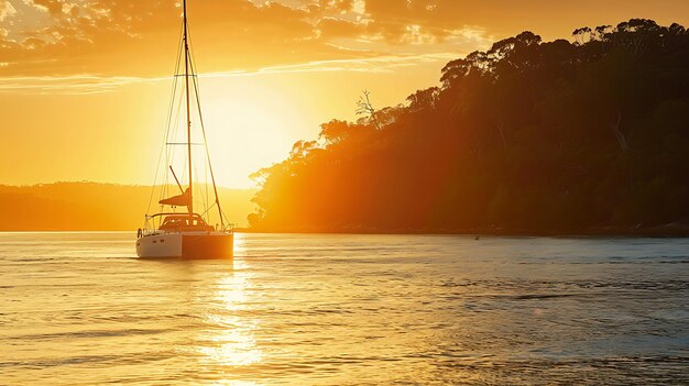 Amazing sunset over calm sea with a lonely sailing boat on the foreground and a beautiful orange sky