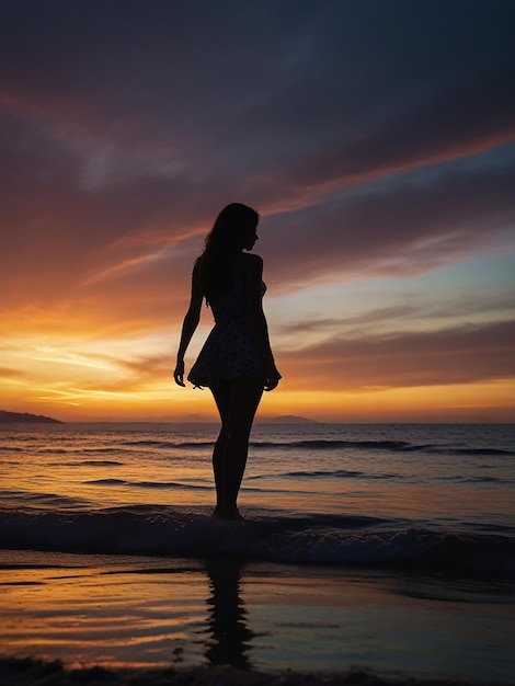 Amazing sunset in Nice Silhouette of a girl standing and on the shore