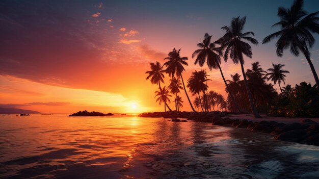 Amazing sunset on a tropical beach with palm trees