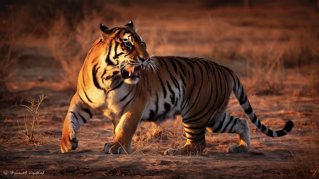 Amazing tiger in the nature habitat tiger pose during the golden light time