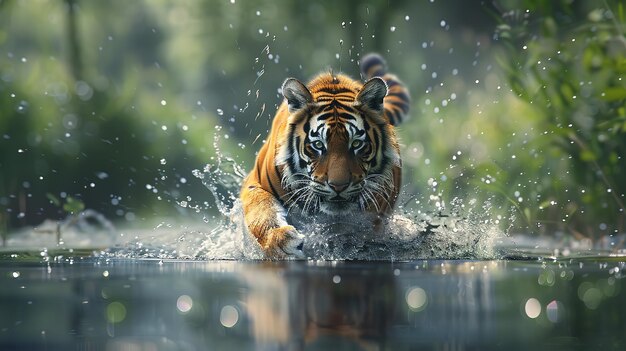 Amazing Tiger running in the water Danger animal tajga in Russia Animal in the forest stream