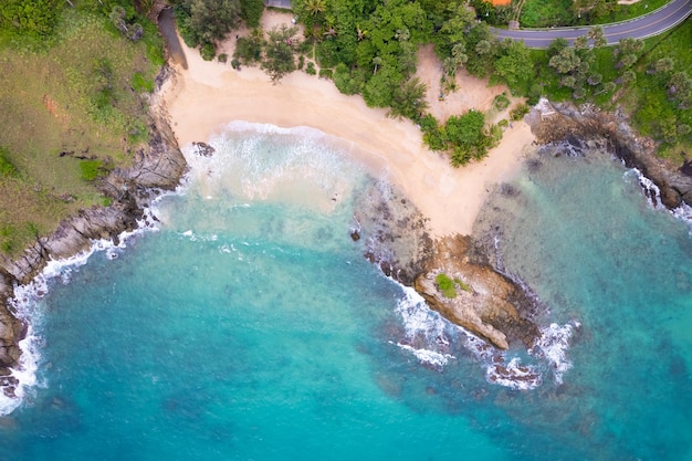 Amazing top view beach Aerial view of Tropical beach sea in the beautiful Phuket island Located at Yanui beach Phuket Thailand Concept Travel and tour background