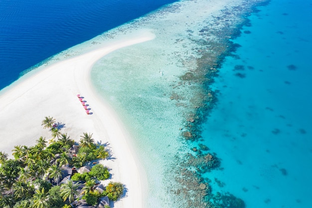 Amazing tranquil sea sand. Recreational summer travel tourism. Aerial landscape view with chairs