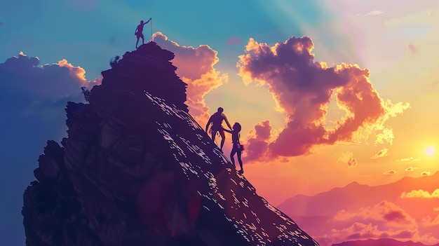 Amazing Triumph of Achievement Silhouette of Two Hikers Celebrating Success atop a Mountain