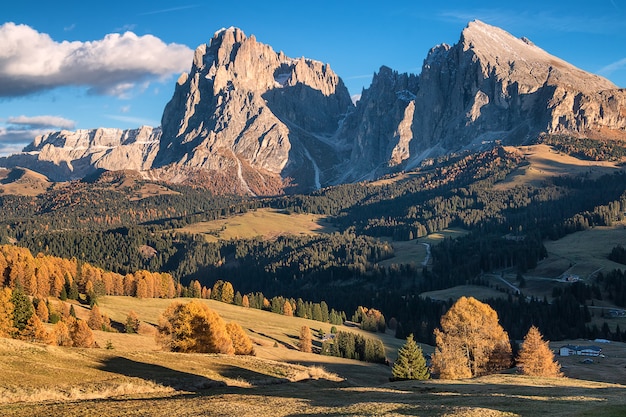 Amazing view of the Alpine mountains in Alpe di Siusi, Dolomites. Italy