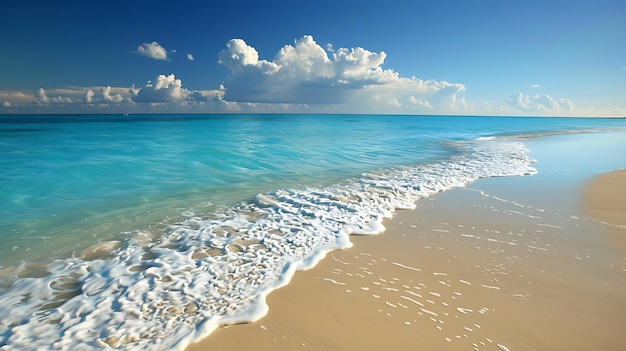 Amazing view of the beach with white sand and turquoise water The sky is blue and there are some clouds The waves are gently crashing on the shore