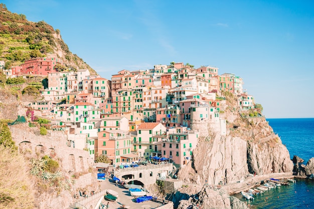 Amazing view of the beautiful village of Manarola in the Cinque Terre Reserve.