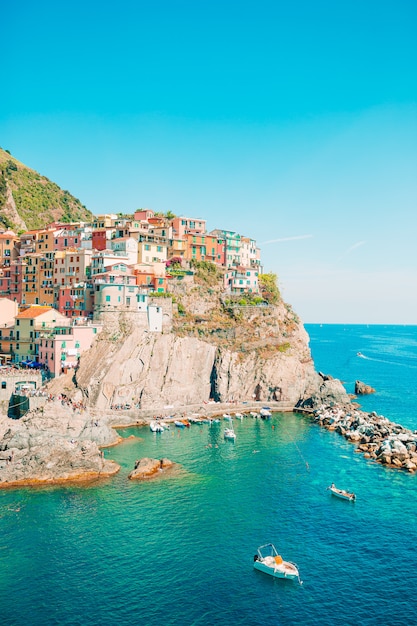 Amazing view of the beautiful village of Manarola in the Cinque Terre Reserve.