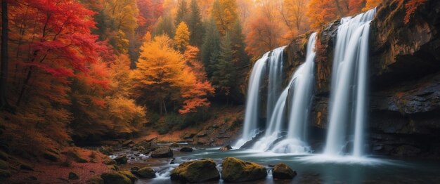 Photo amazing view beautiful waterfall in colorful autumn forest