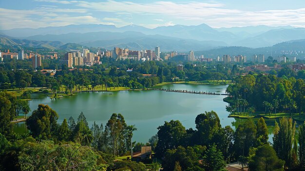 Photo amazing view of a big city with a lake in the middle of it the sky is blue and the sun is shining