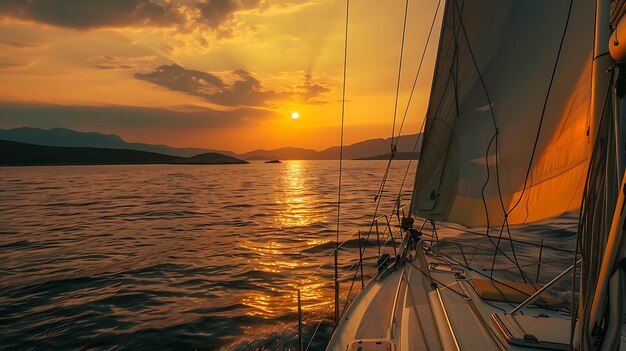 Amazing view of the endless sea at sunset from the deck of a sailing yacht