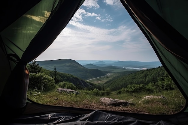 Amazing view from inside tent to mountain landscape Outdoor activities Created with Generative ai