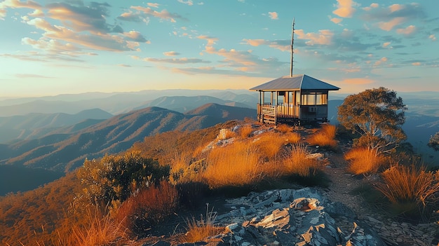 Amazing view from the top of the mountain Beautiful landscape with a lonely house on the hill