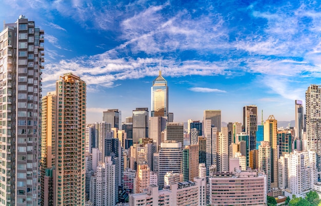 The amazing view of HongKong cityscape full of skyscrapers from the rooftop